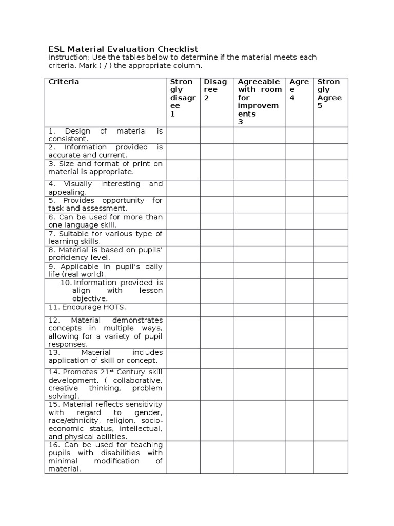 ESL Material Evaluation Checklist | PDF