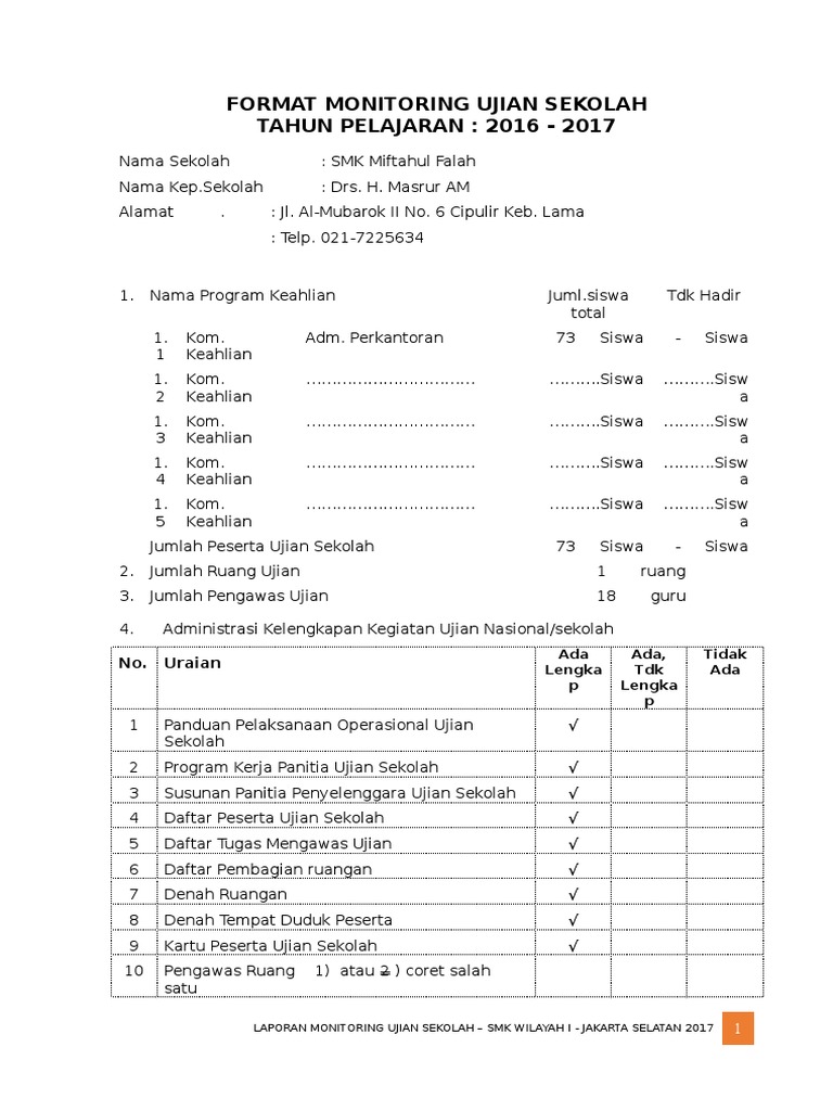 Format Monitoring Ujian Sekolah Pdf