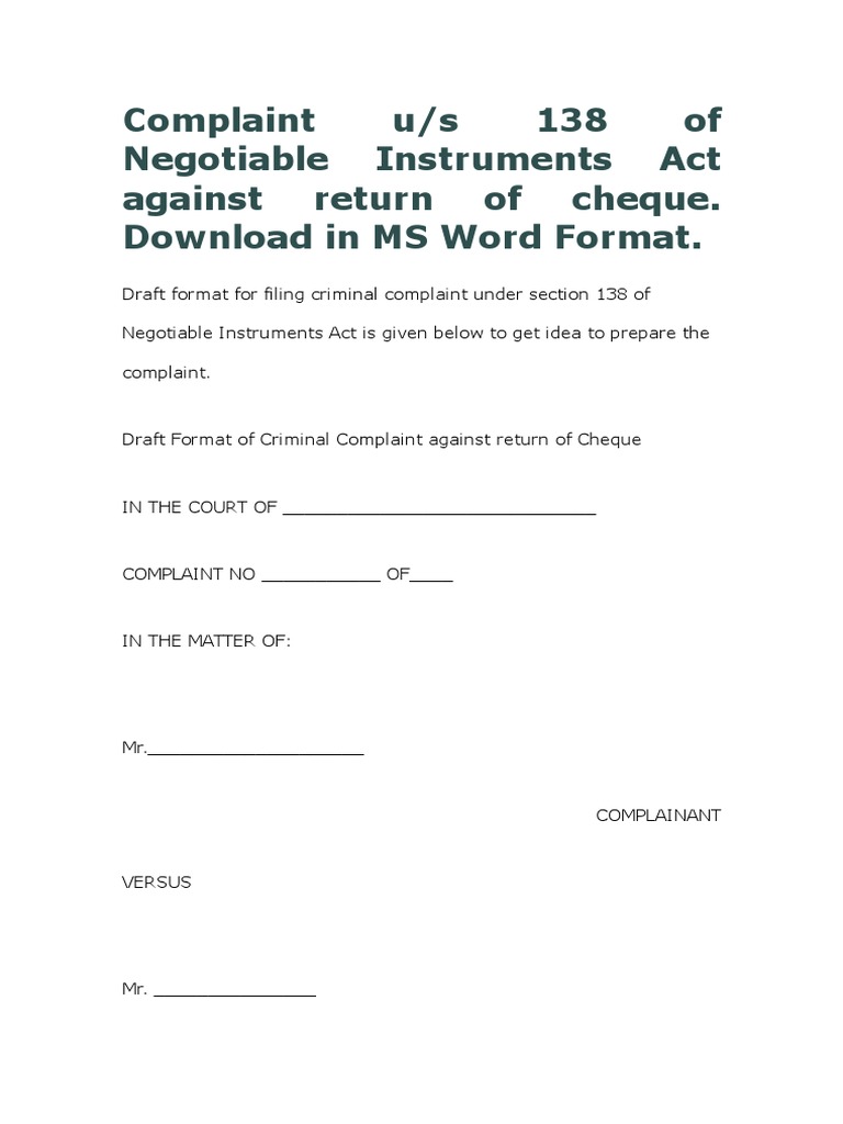 complaint-us-138-of-ni-act-in-ms-word-format-against-return-of-cheque