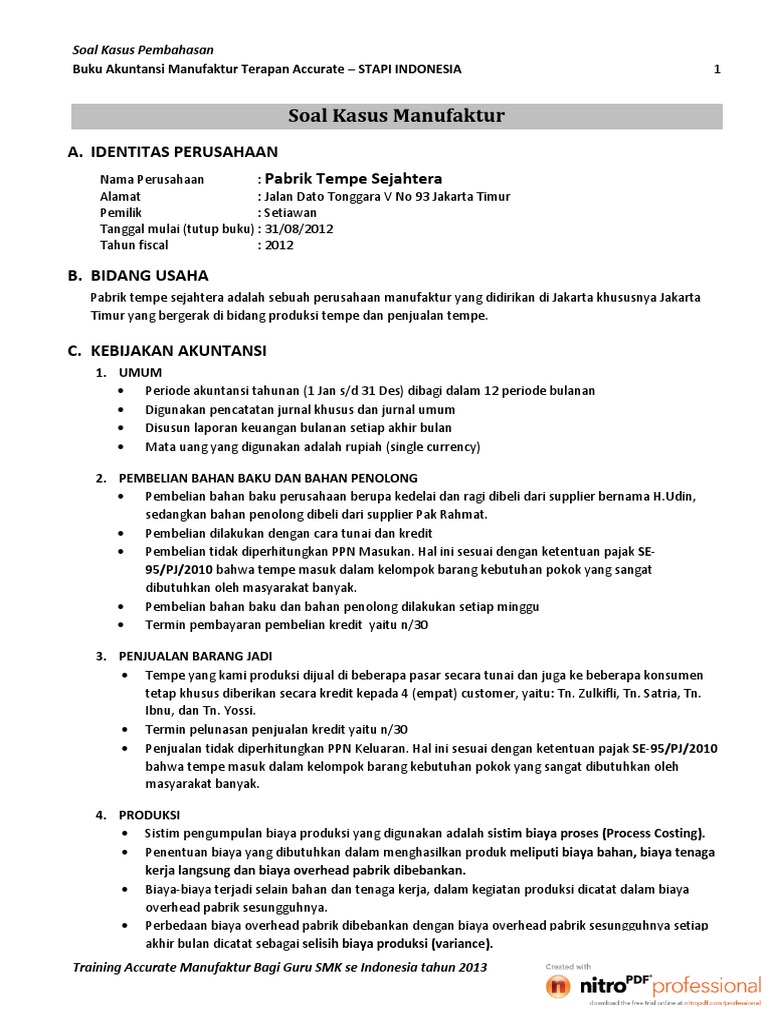Soal Kasus Industri Tempe Buku Accurate Manufaktur Stapi Indonesia