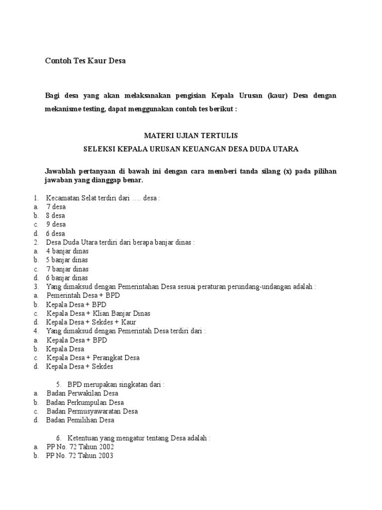 Contoh Tes Kaur Desa