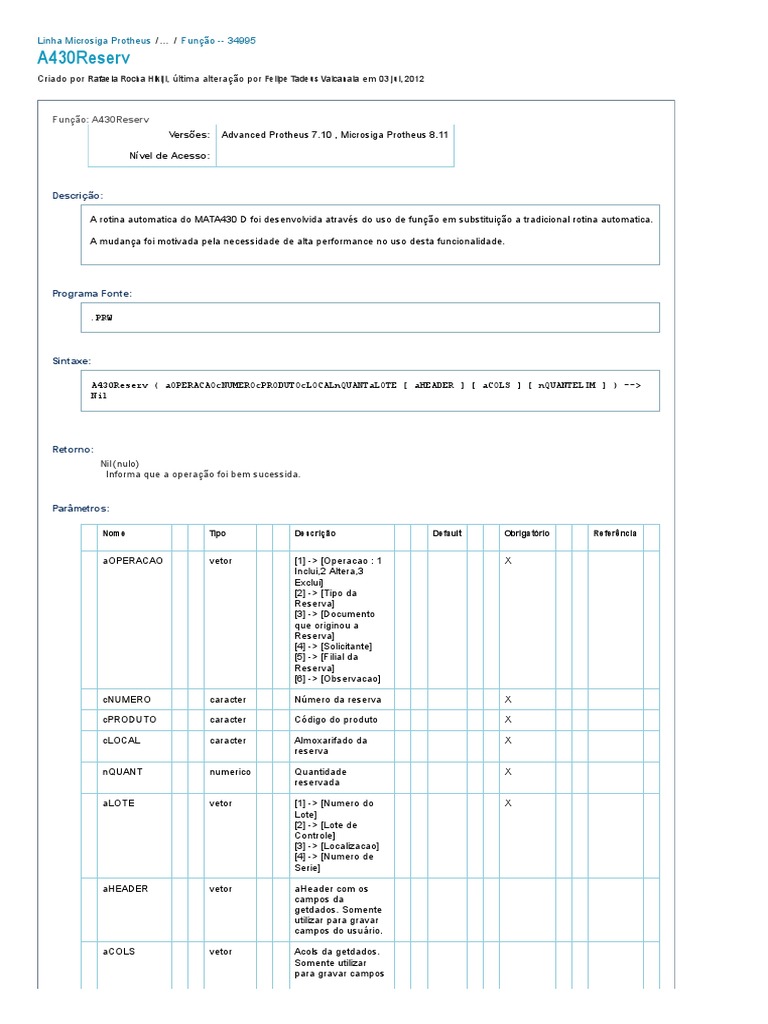 A430Reserv - Linha Microsiga Protheus - TDN PDF | PDF