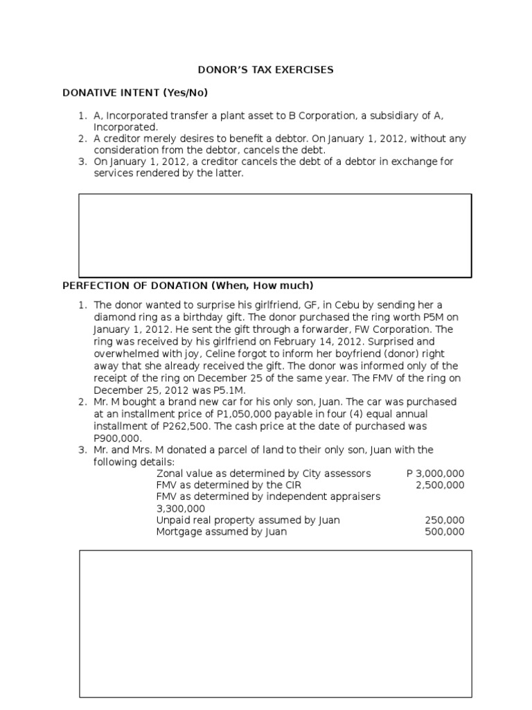 Donor S Tax Exercises Donative Intent Yes No Pdf Loans Taxes