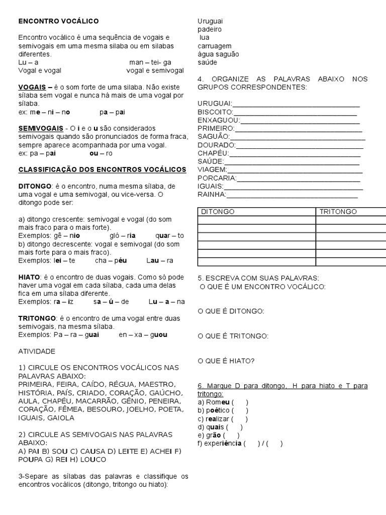 Classificação de encontros vocálicos e atividade sobre ditongos ...