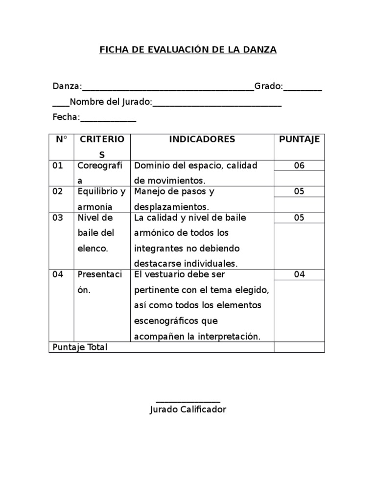 Ficha de Evaluacion de La Danza | PDF
