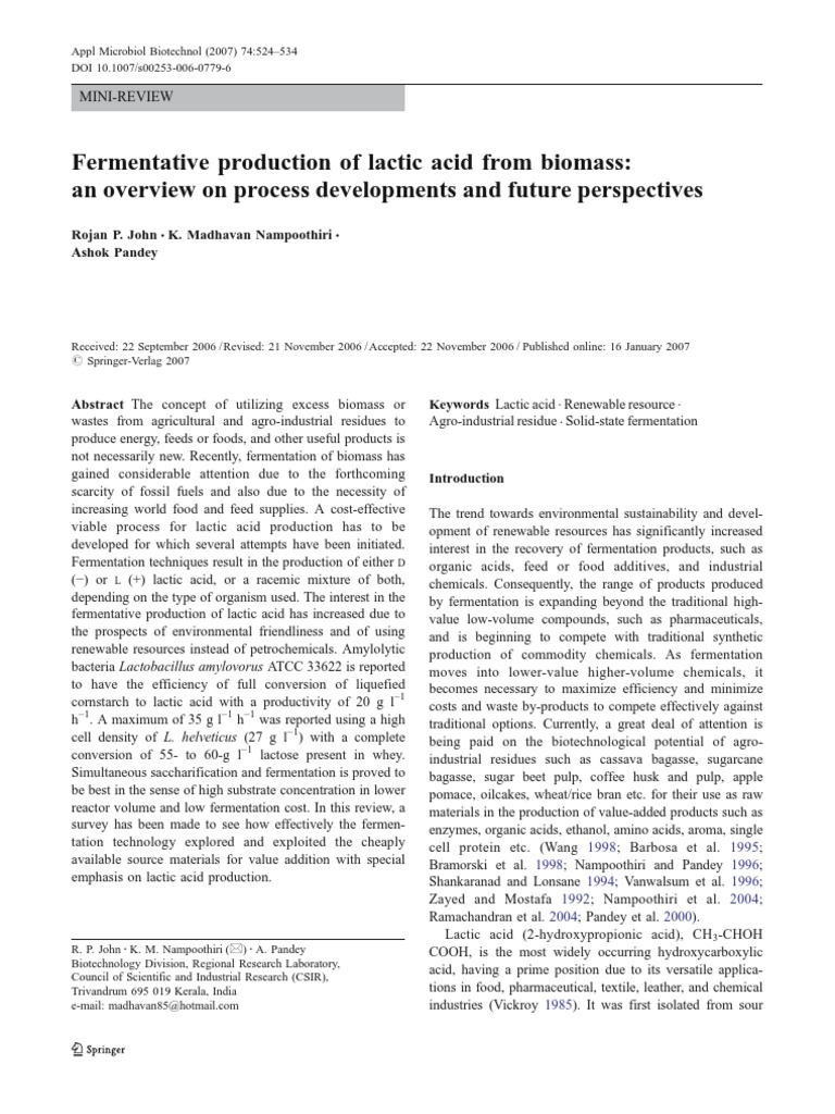 Fermentative Production of Lactic Acid F | PDF | Lactic Acid | Fermentation