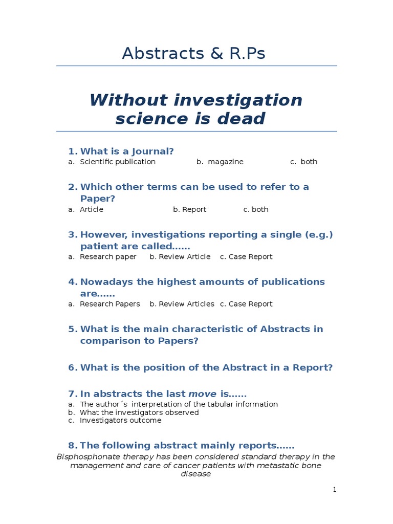 Without Investigation Science Is Dead: Abstracts & R.Ps | PDF