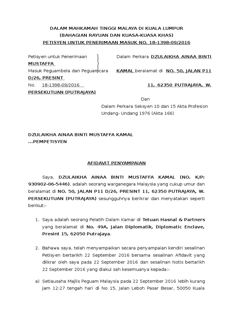 Afidavit Penyampaian Form 1 2 Petisyen Chambering Pdf