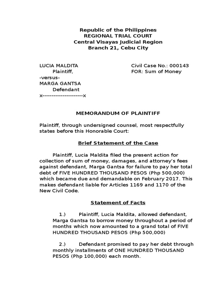 Trial Memorandum For Plaintiff | PDF | Lawsuit | Government