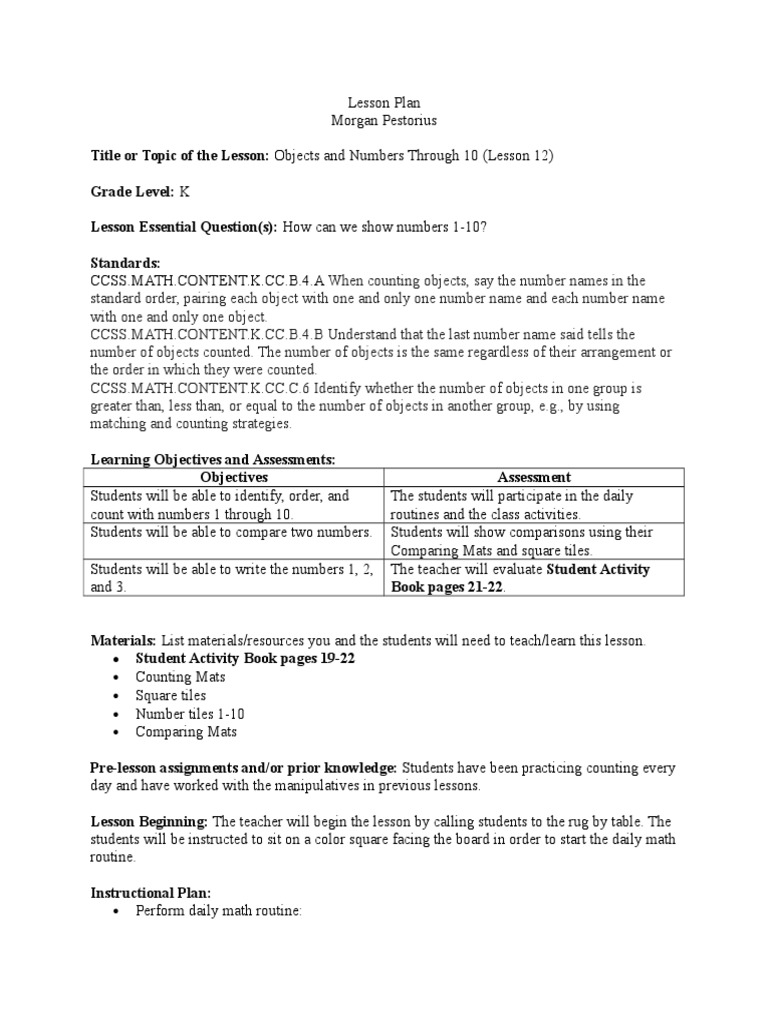 Kindergarten Math: Numbers 1-10 Lesson | PDF | Educational Assessment ...