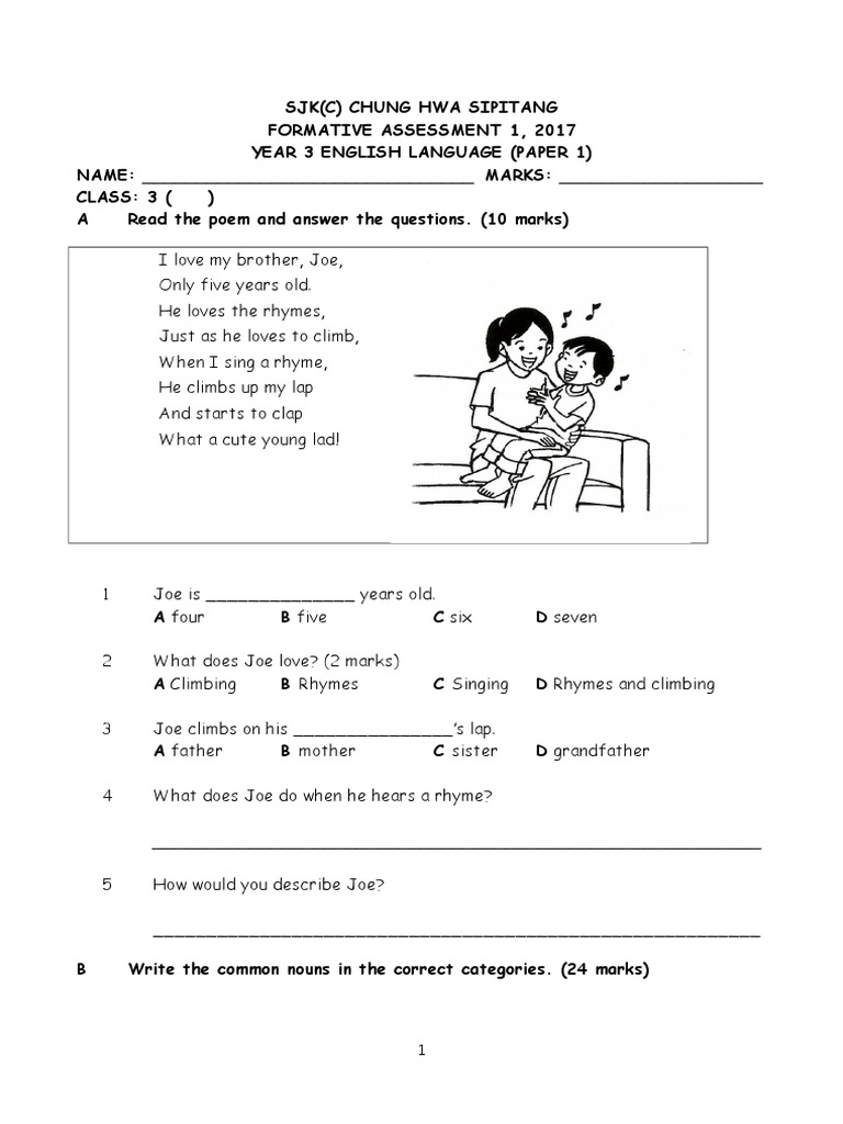 English Formative Test Paper 1 Year 3 March 2017