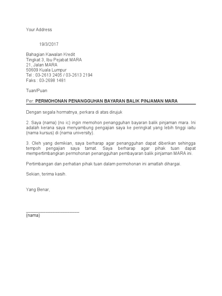 Contoh Surat Penangguhan Bayaran Balik Mara Pdf