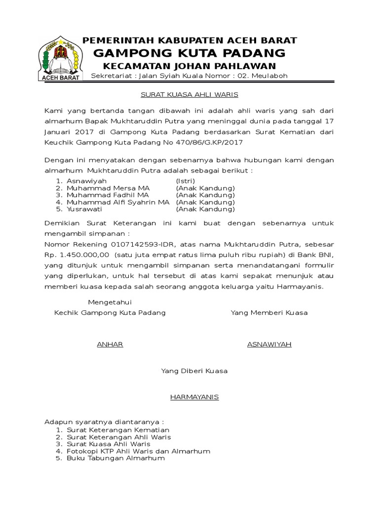 Surat Kuasa Ahli Waris