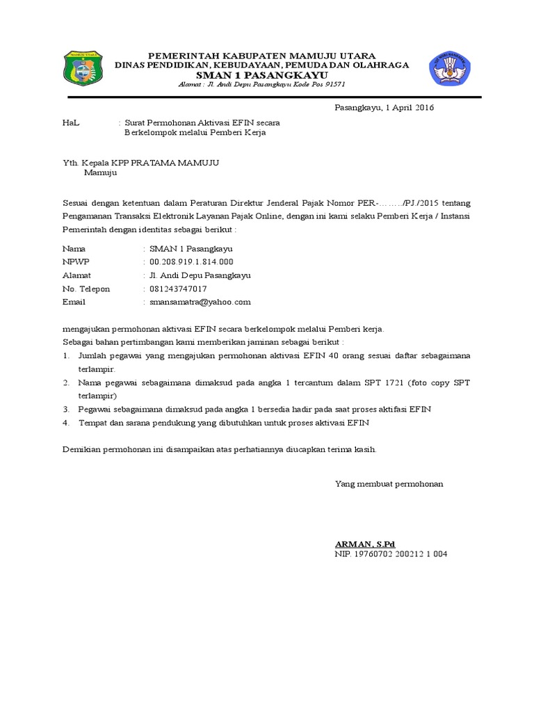 Contoh Surat Permohonan Efin