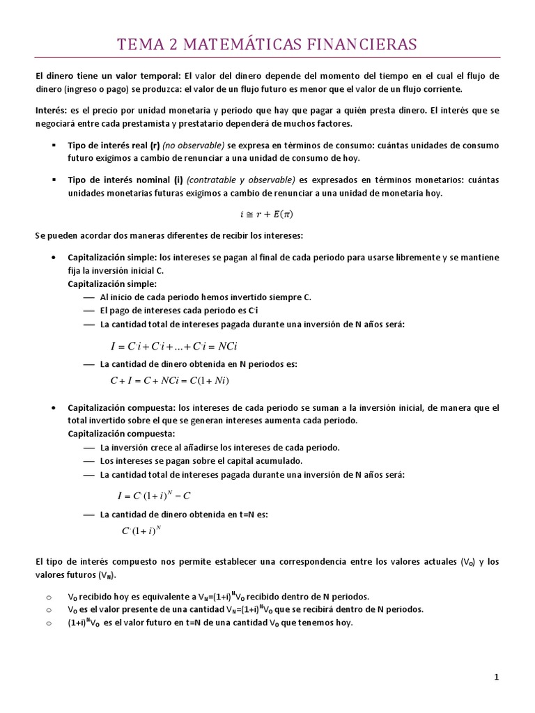 Tema 2 Matemáticas Financieras | PDF | Finanzas Matemáticas | Interés