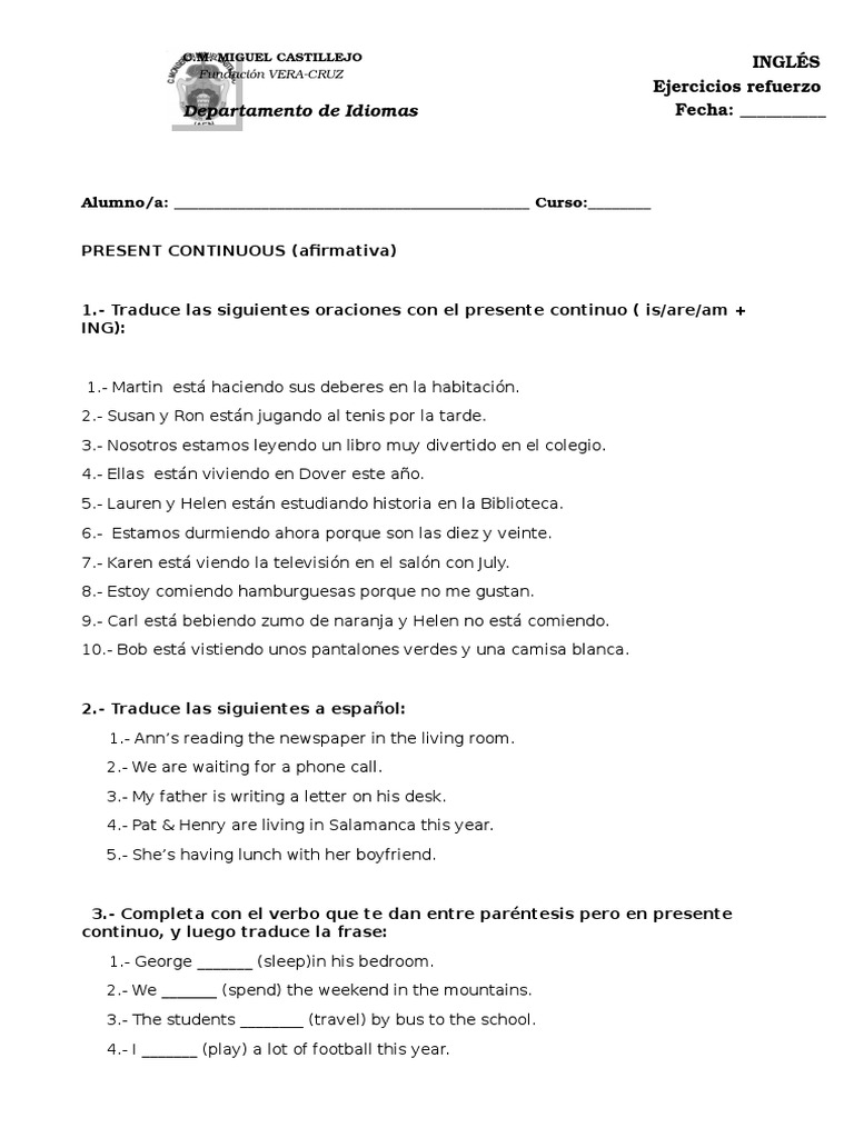 Ejercicios de Refuerzo: Presente Continuo en Inglés | PDF