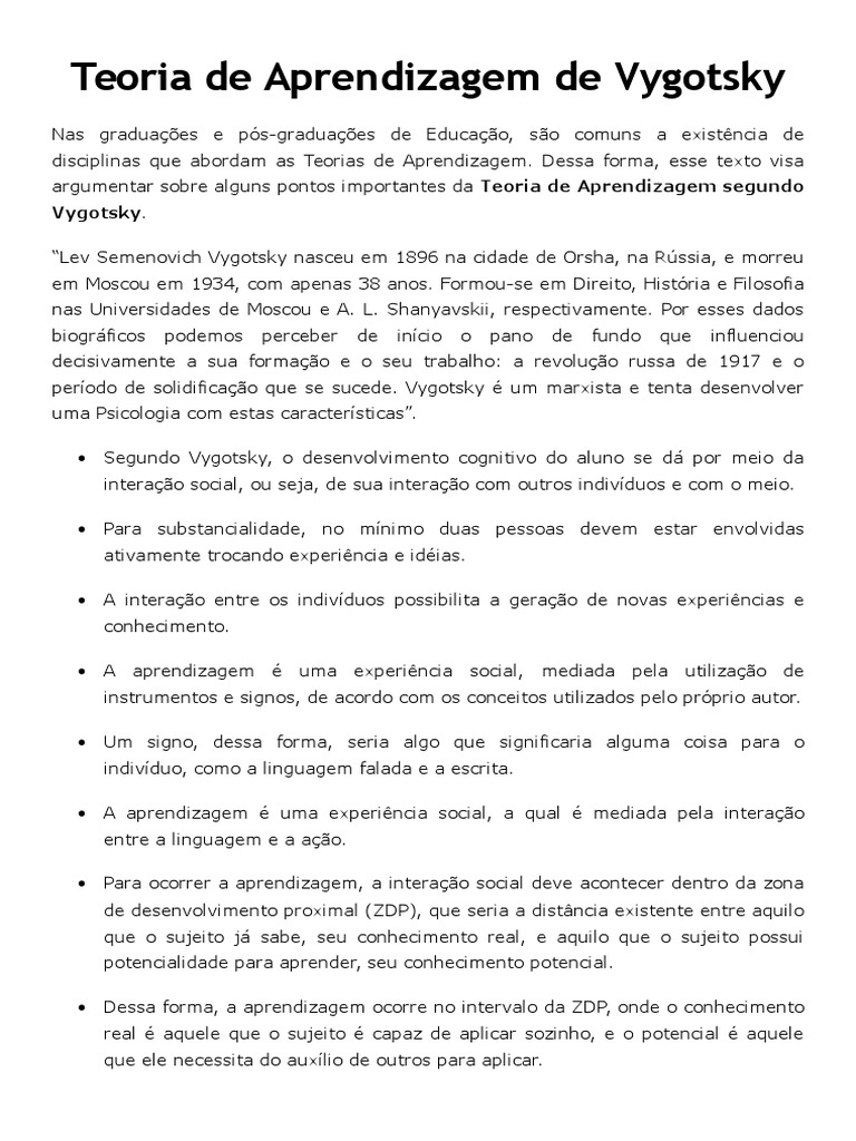 Teoria de Aprendizagem de Vygotsky | PDF | Teoria da Aprendizagem ...