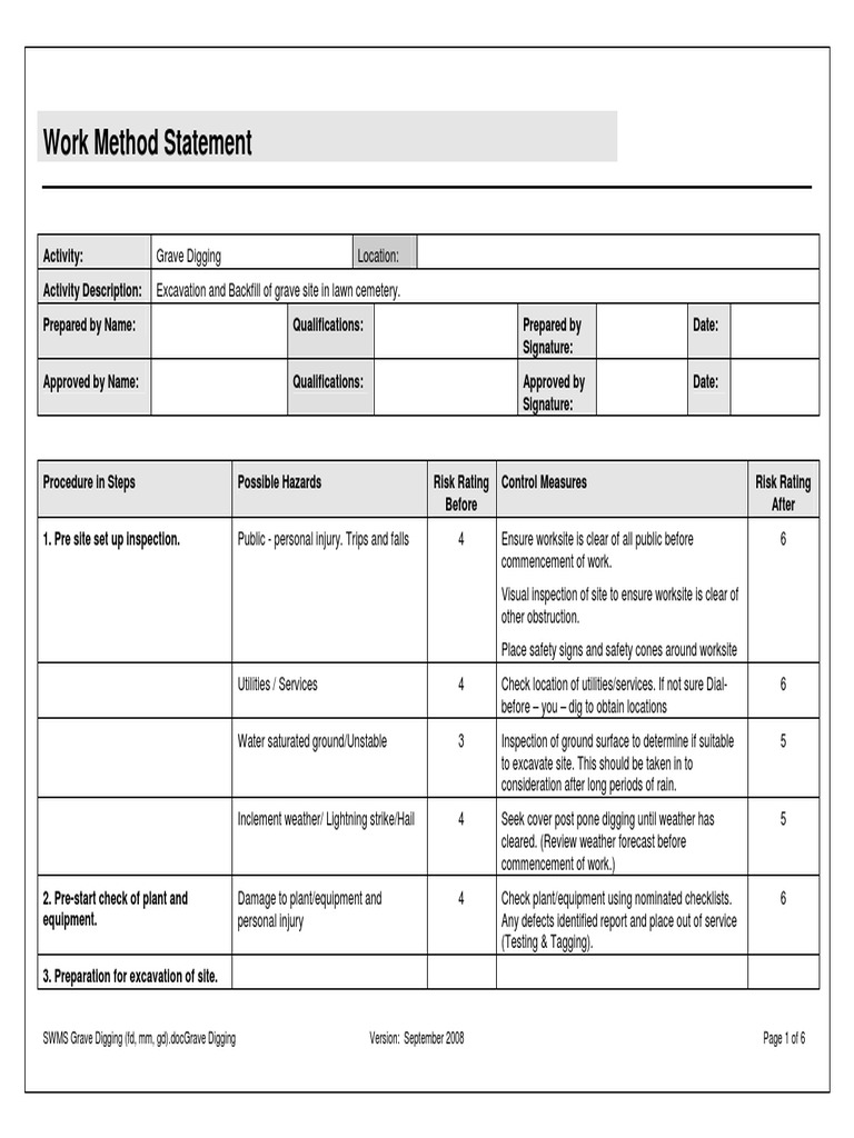SWMS Grave Digging PDF Risk Risk Management