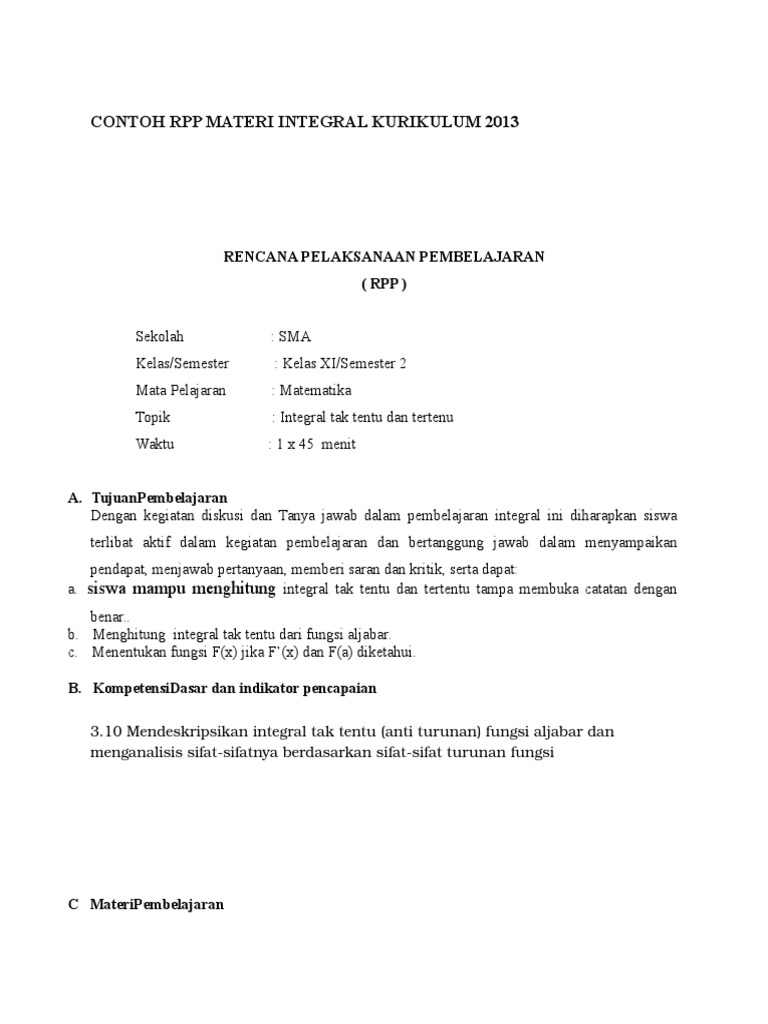Contoh RPP Materi Integral Kurikulum 2013 | PDF