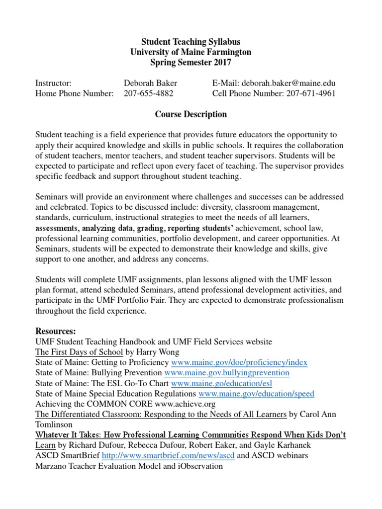Student Teaching Syllabus Overview | PDF | Educational Assessment ...