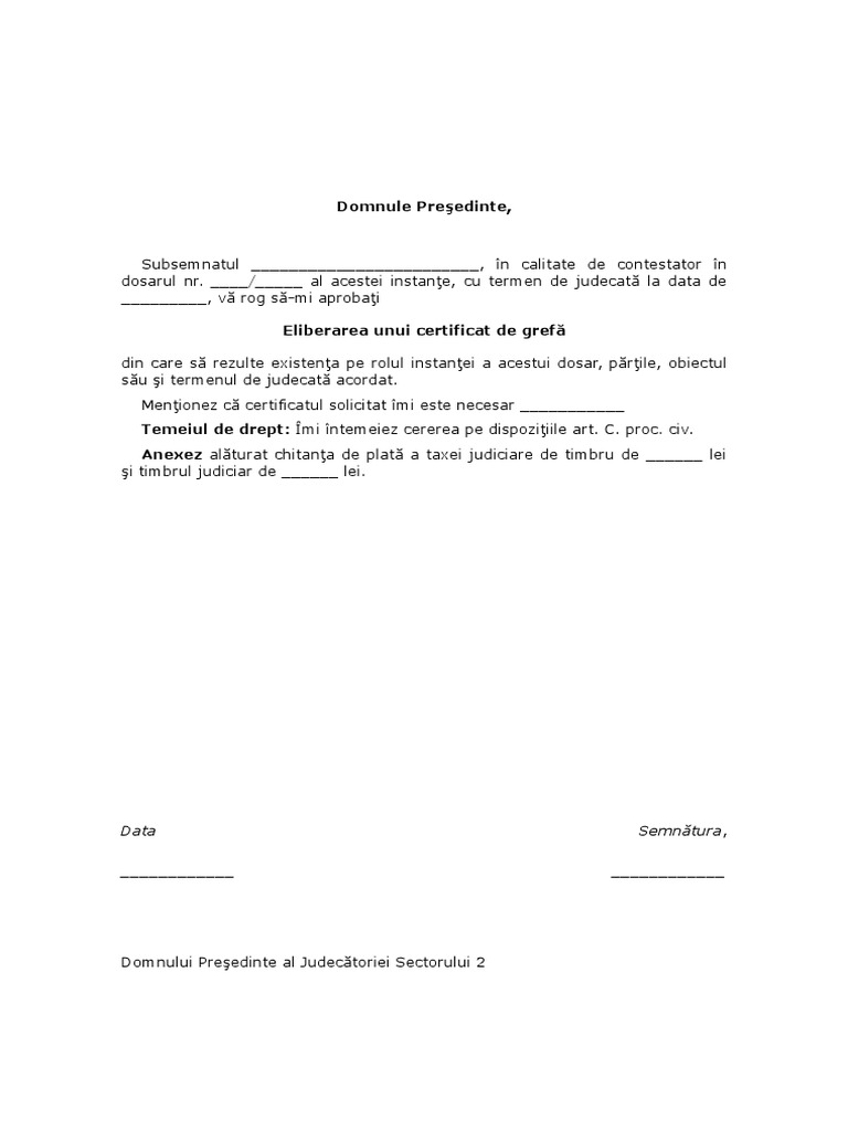 Cerere De Eliberare A Unui Certificat De GrefÄƒ