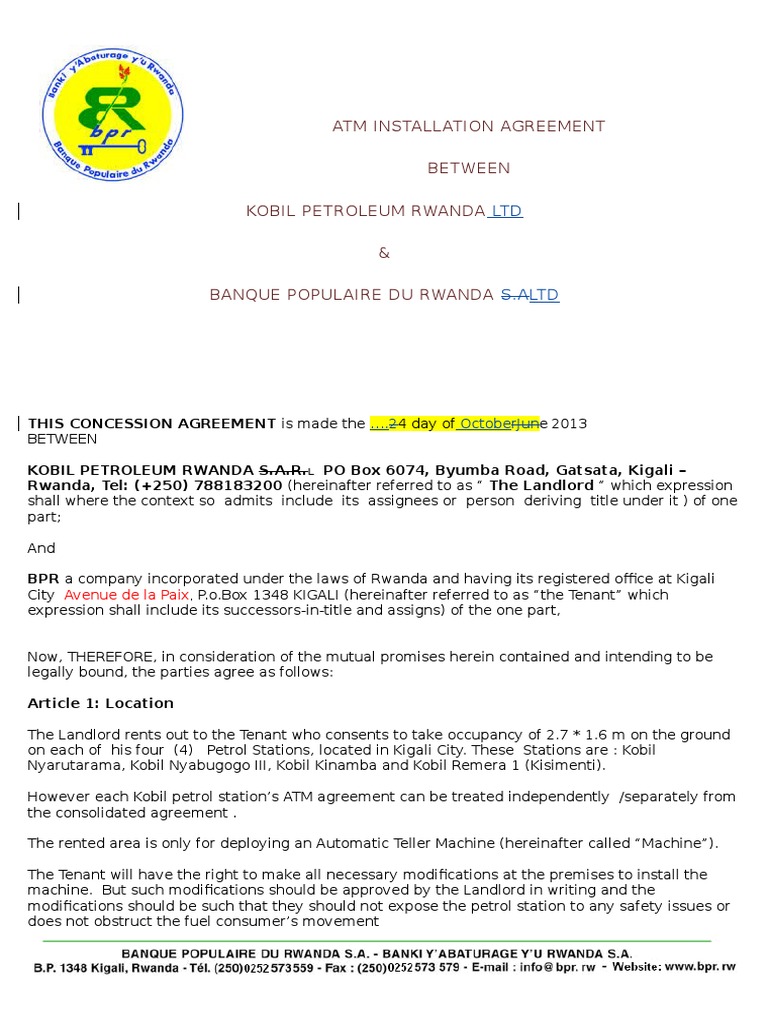 ATM Installation Agreement with Kobil Rwanda | PDF | Leasehold Estate ...