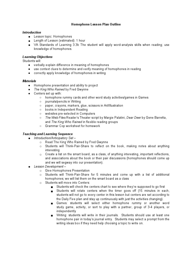 Homophone Lesson Plan Reading (Process) Lesson Plan