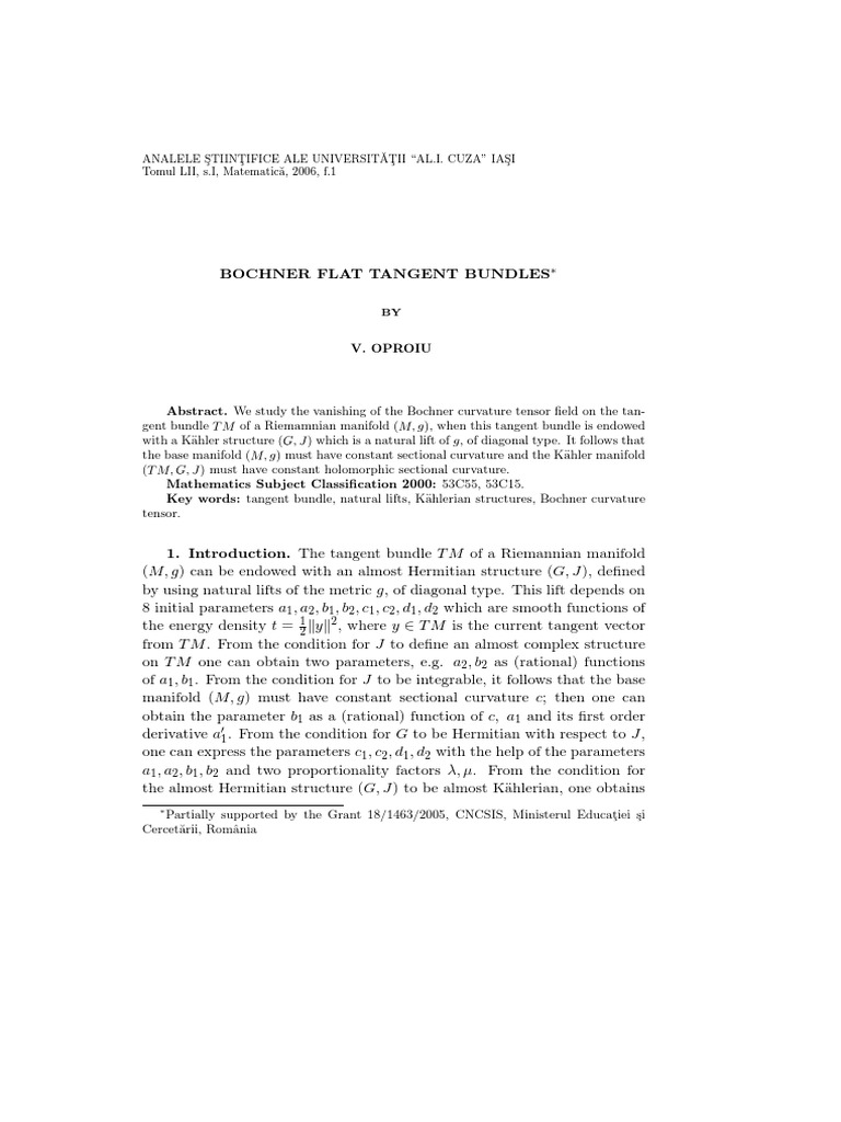 V.OPROIU Bochner Flat Tangent Bundles PDF Differential Geometry