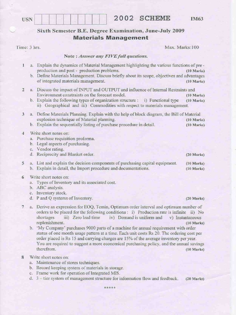 VTU Material Management Question Paper PDF PDF