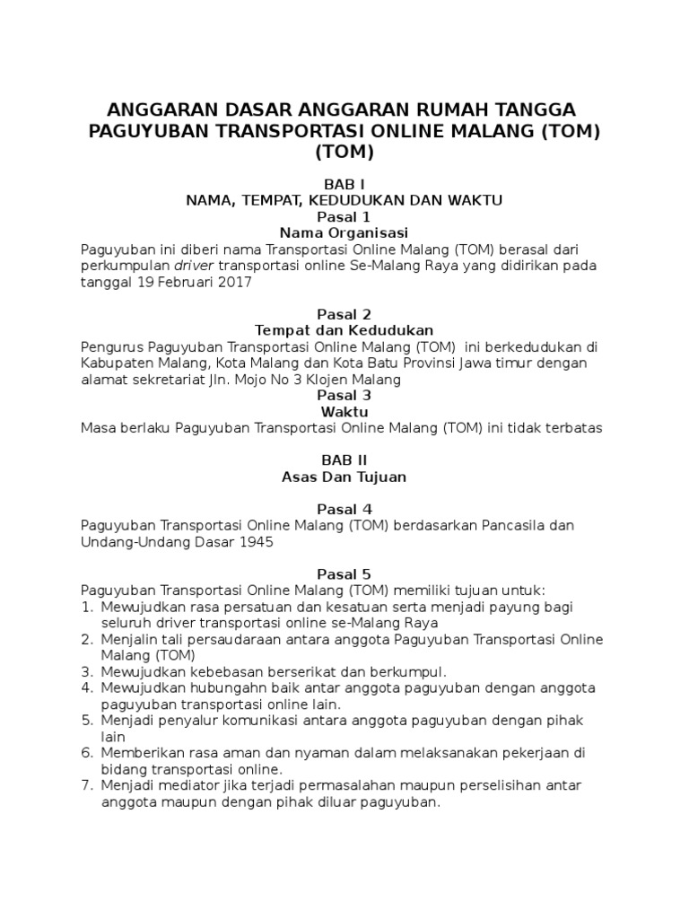 AD/ART Paguyuban Transportasi Online TOM | PDF