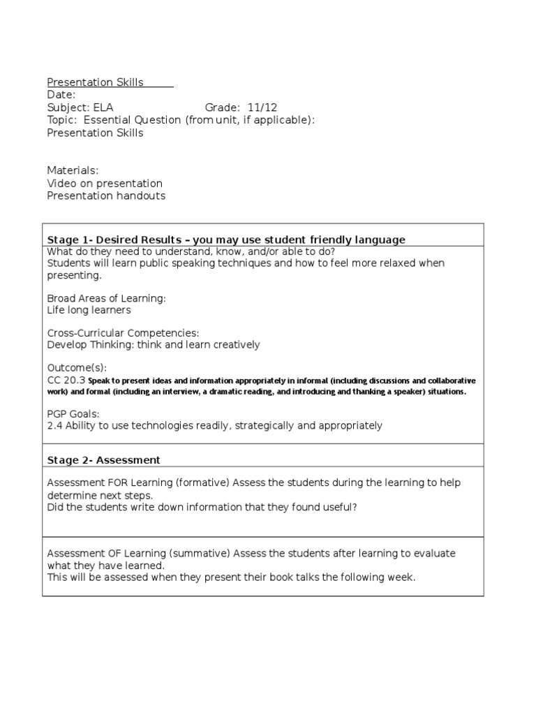 presentation skills lesson public speaking educational assessment