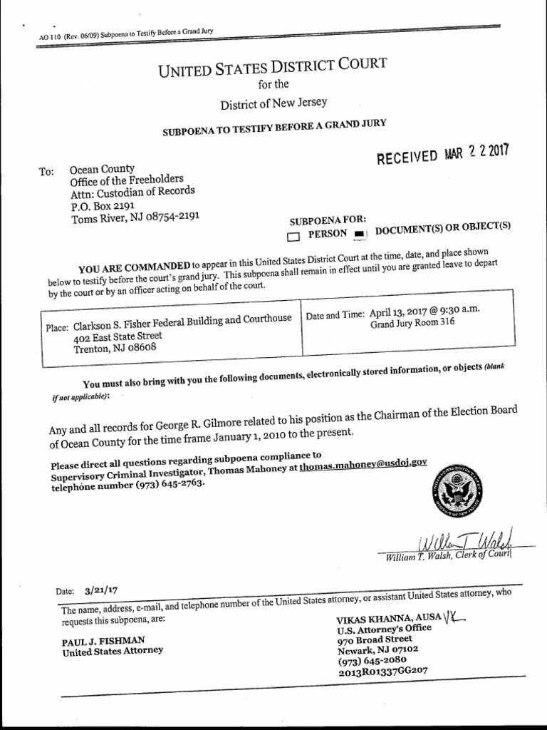 Subpoena To Testify Before A Grand Jury