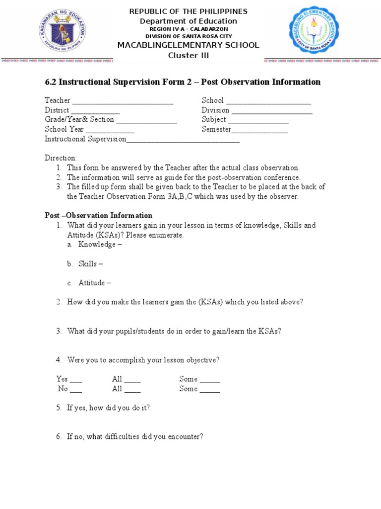 Instructiona Supervision Form 2 | PDF | Teachers | Teaching