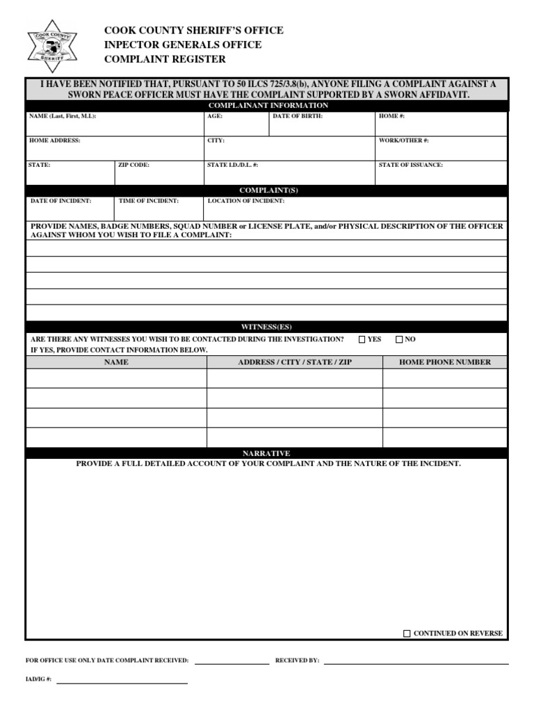 Cook Sheriff IG - Complaint Against "Peace" Officers | PDF | Notary
