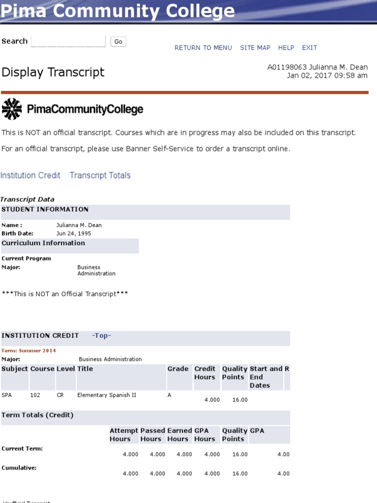 Academic Transcript Pima PDF Grading (Education) Sharing