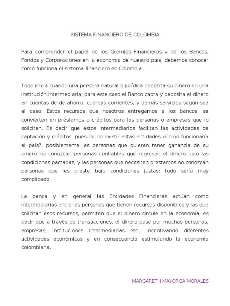 Funcionamiento del Sistema Financiero Colombiano | PDF | Sistema ...