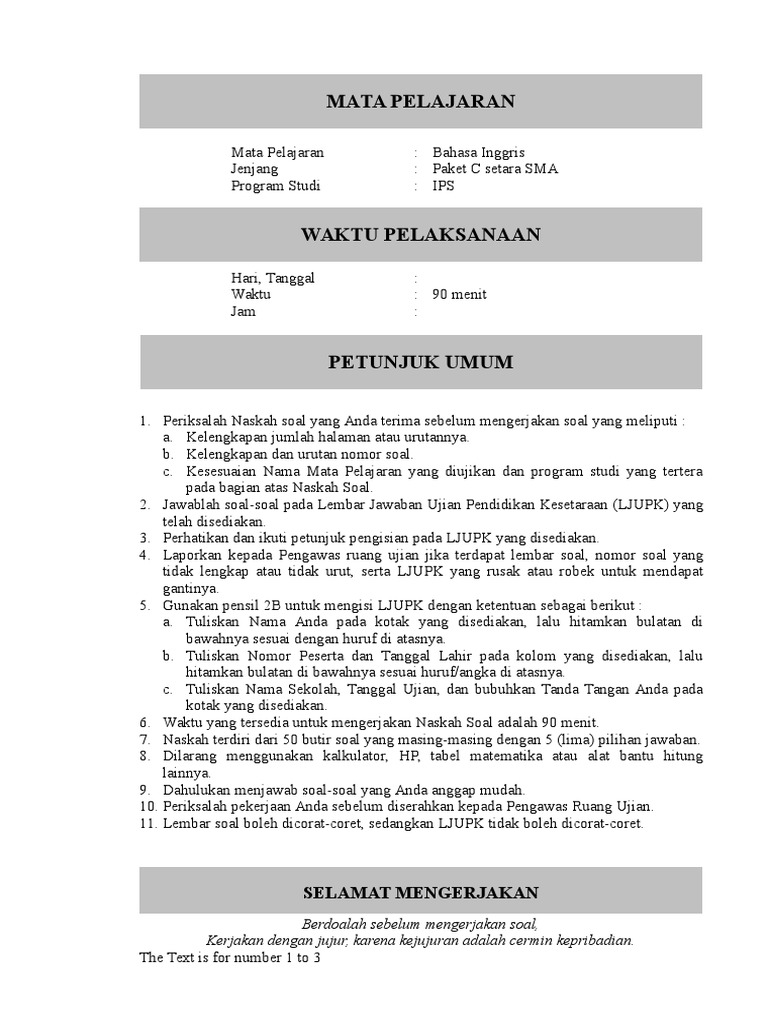 Soal UPK Bahasa Inggris Paket C Tornado Laptop