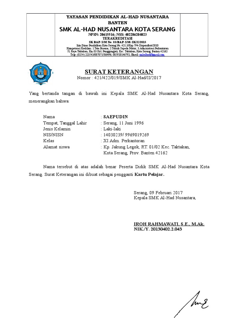 Surat Ket Pengganti Kartu Pelajar 