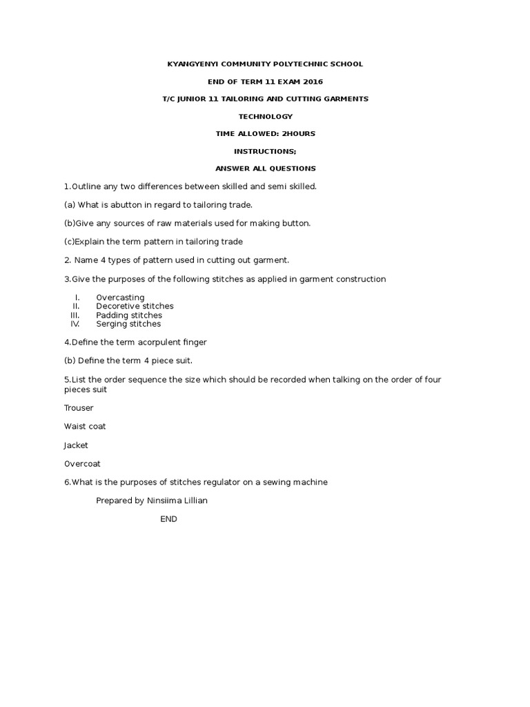 Tailoring Exam Questions for T/C Junior 11 | PDF | Technology & Engineering
