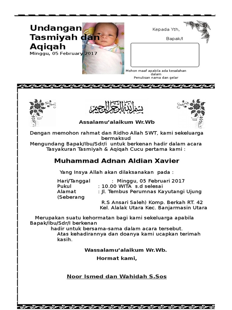 1080+ Contoh Isi Undangan Aqiqah Dan Tasmiyah Terbaik