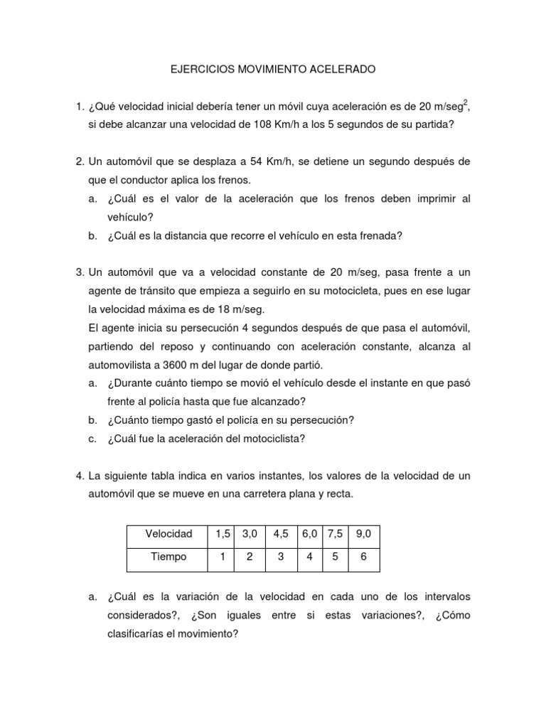 Ejercicios sobre Movimiento Acelerado | PDF | Velocidad | Aceleración