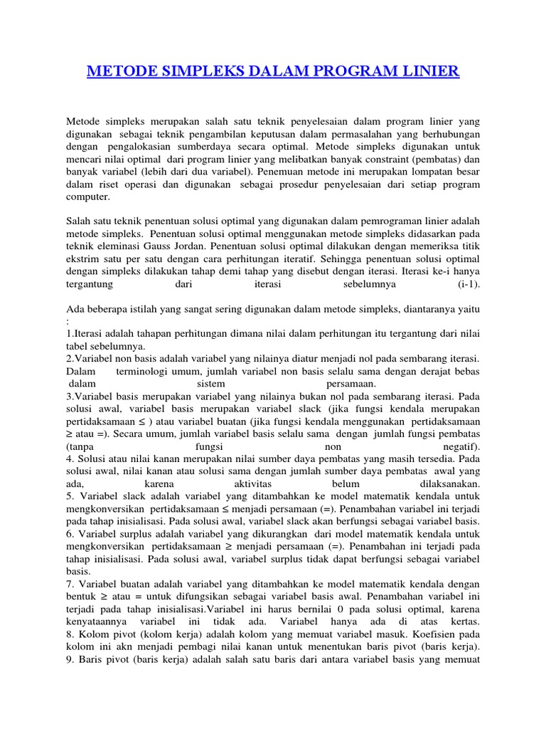 Metode Simpleks dalam Pemrograman Linier | PDF