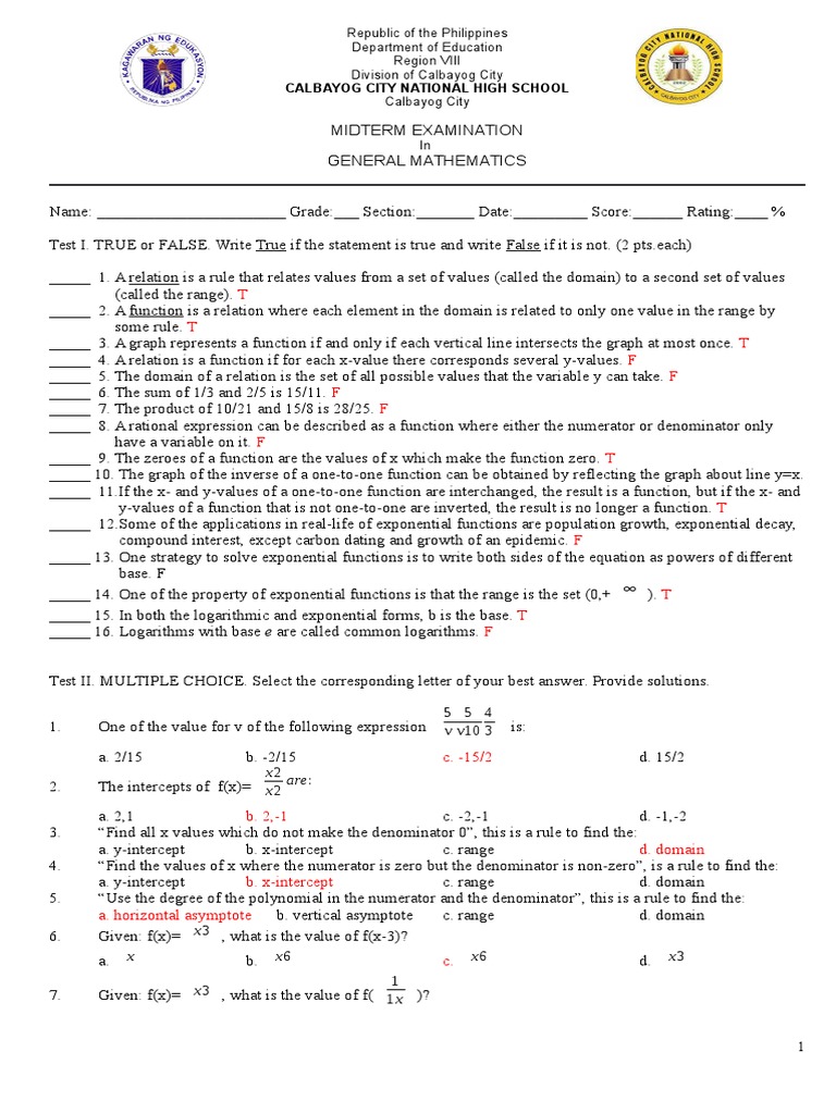 Midterm exam questions on functions and relations | PDF | Exponential ...