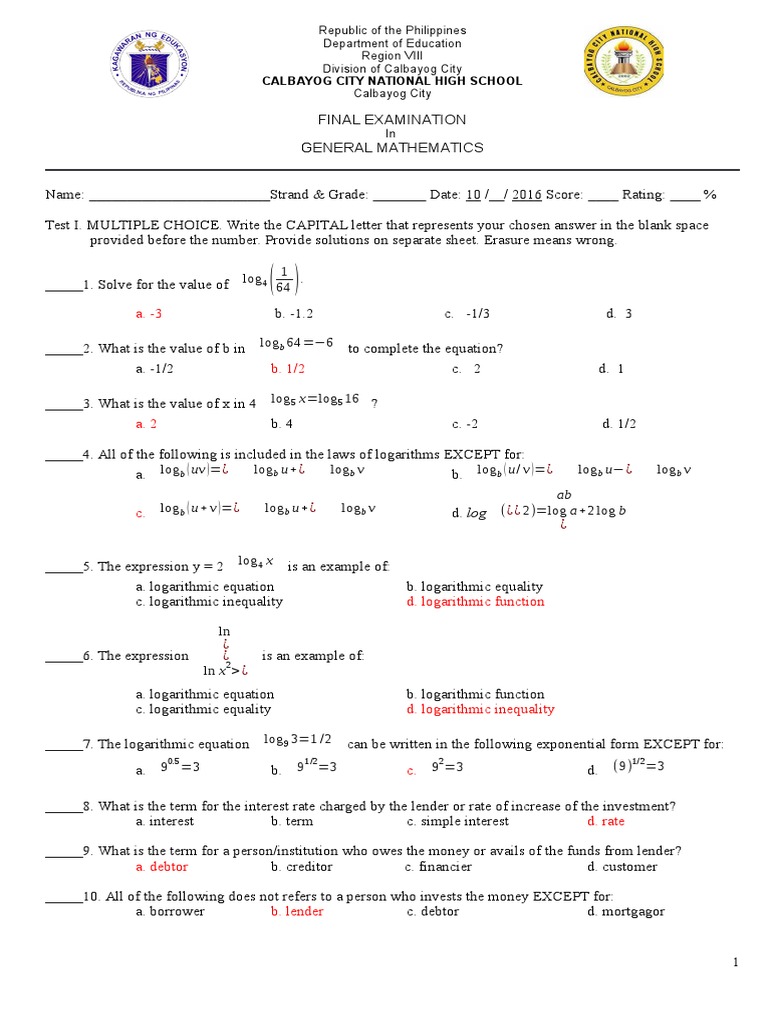 Grade 11 General Mathematics Exam | PDF | Logarithm | Interest
