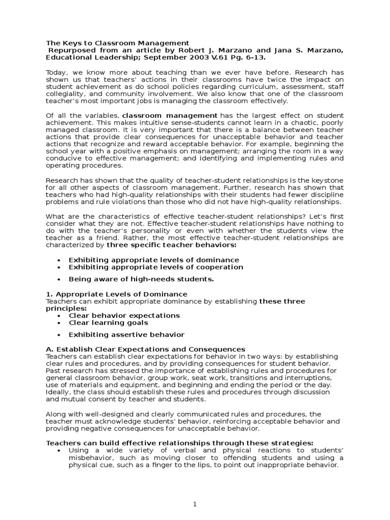 The Keys To Classroom Management Pdf Classroom Management Learning