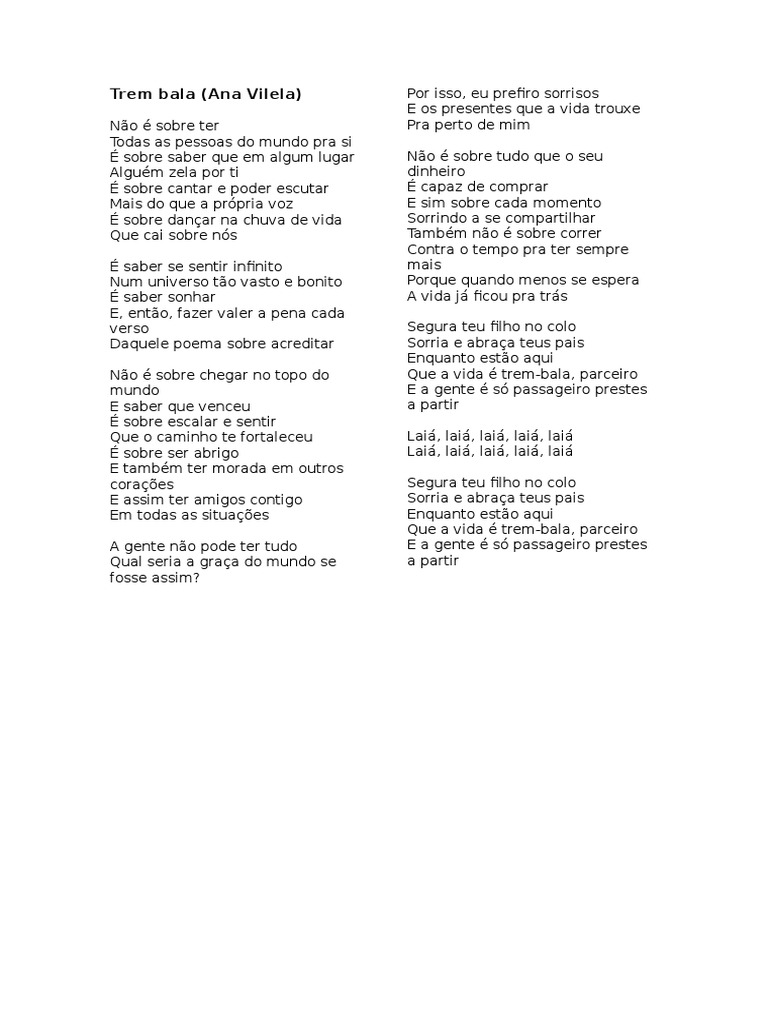 Letra da Música Trem-Bala - Ana Vilela | PDF