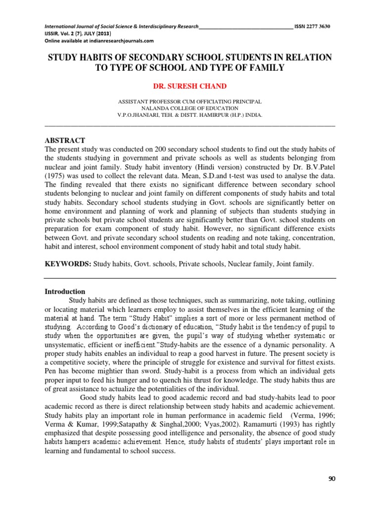 Study Habits of Secondary School Students | PDF | P Value | Secondary ...