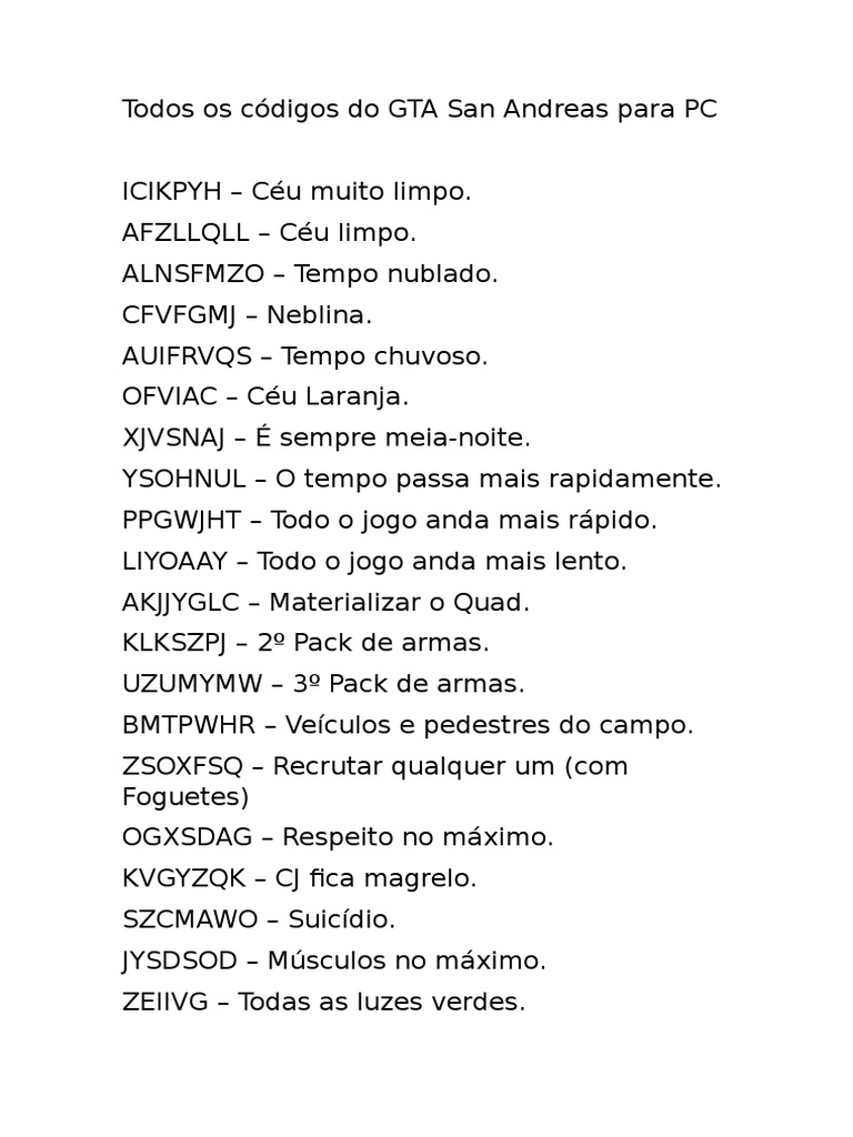 Todos Os Códigos Do Gta San Andreas De Celular !! 