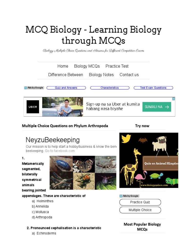 Multiple Choice Questions On Phylum Arthropoda PDF Insects Living