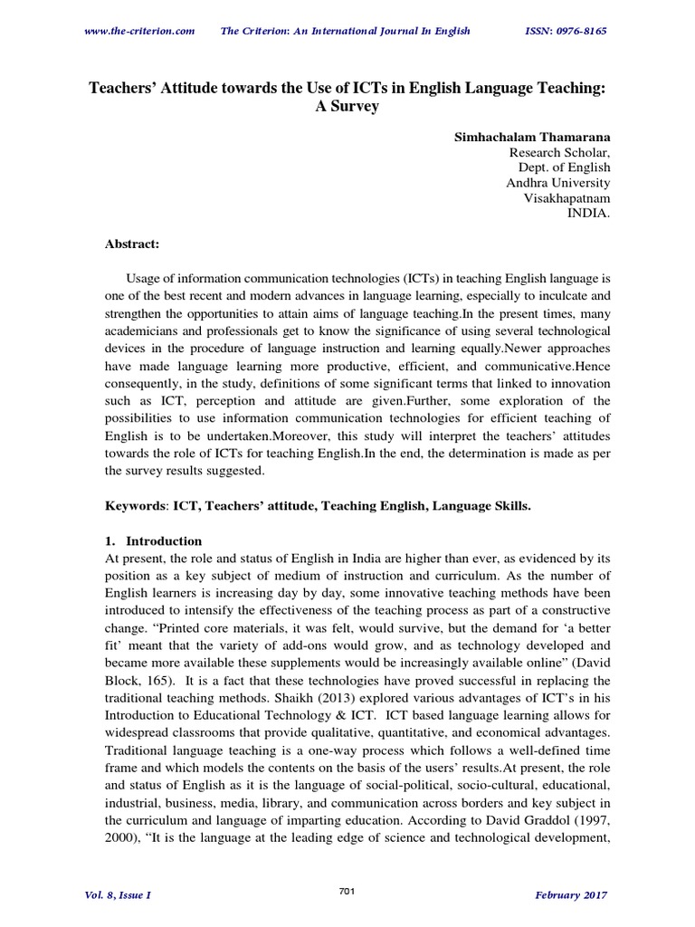 Teachers' Attitude Towards The Use of ICTs in English Language Teaching ...